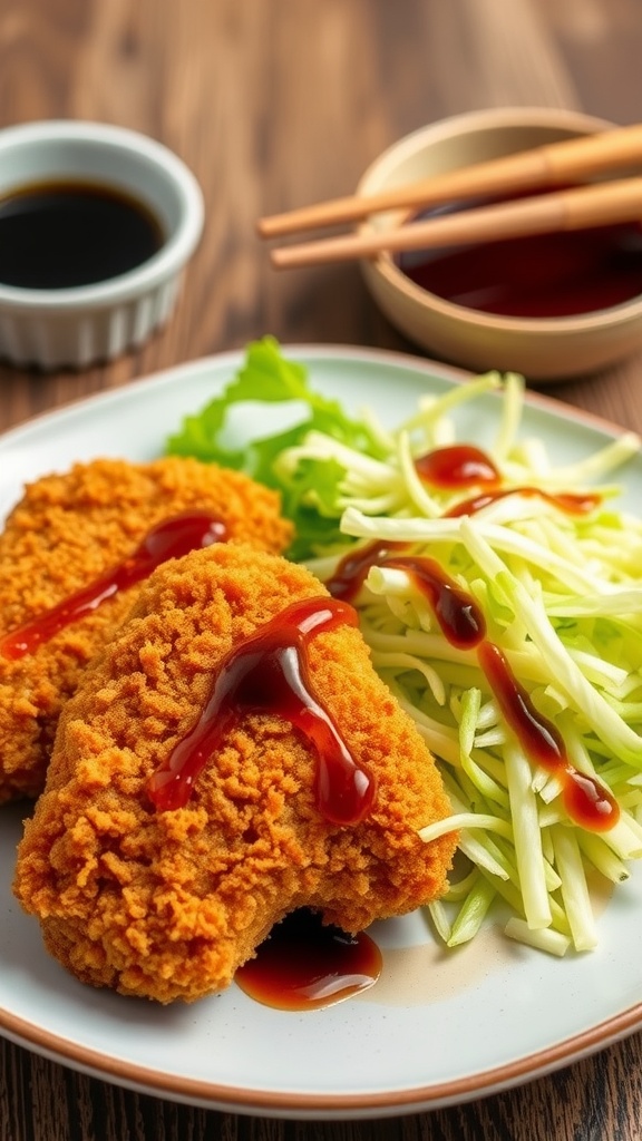 Crispy pork katsu with cabbage and tonkatsu sauce on a plate, with chopsticks and sauce in the background.